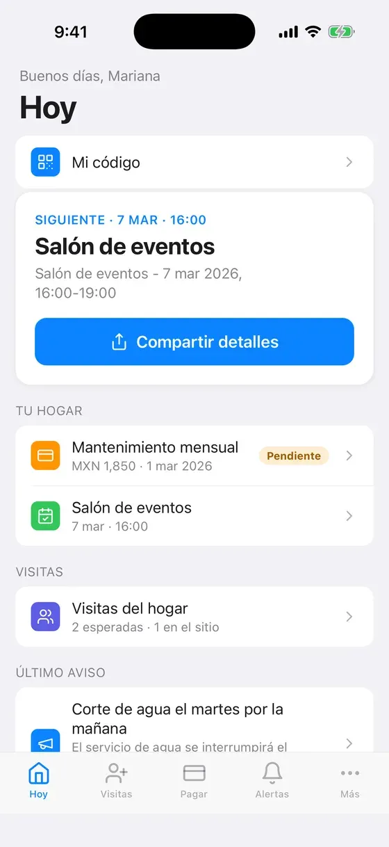 Pantalla de inicio de un residente en la app Posta