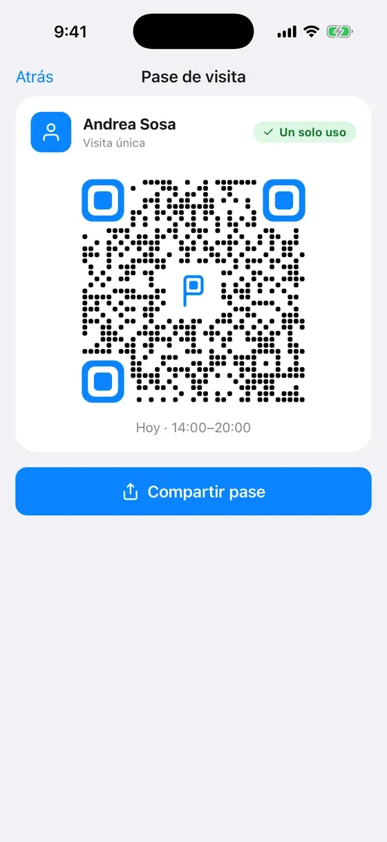 Pase de visita con su código QR y las horas en que es válido